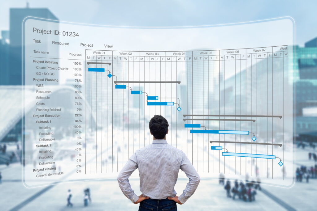 een man die naar een gigantische gantt chart kijkt